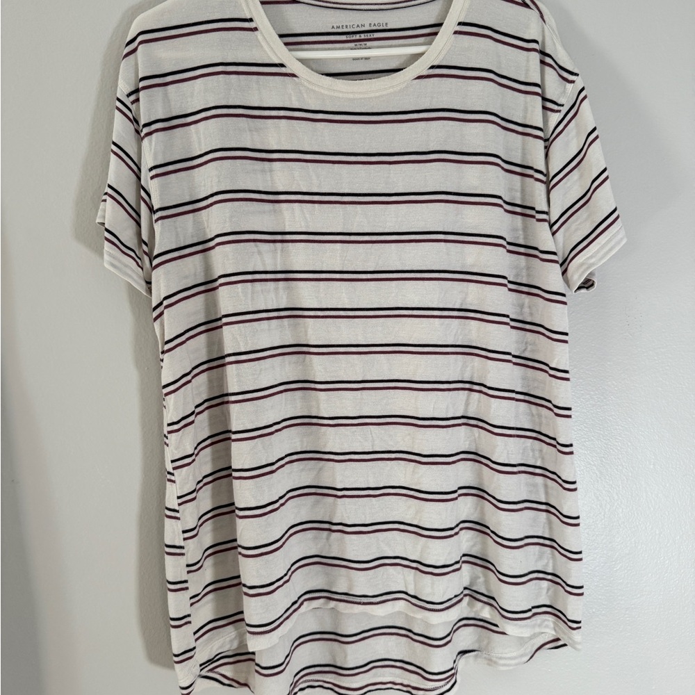 American Eagle Outfitters Women's Striped Tee - cream, maroon, and black